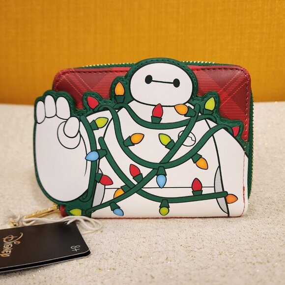 Loungefly Disney Big Hero 6 Baymax Holiday Lights Plaid Christmas Zip Wallet NEW - Picture 1 of 12